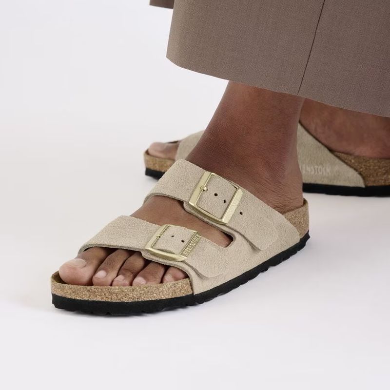Birkenstock Arizona Sandcastle semsket skinn smal